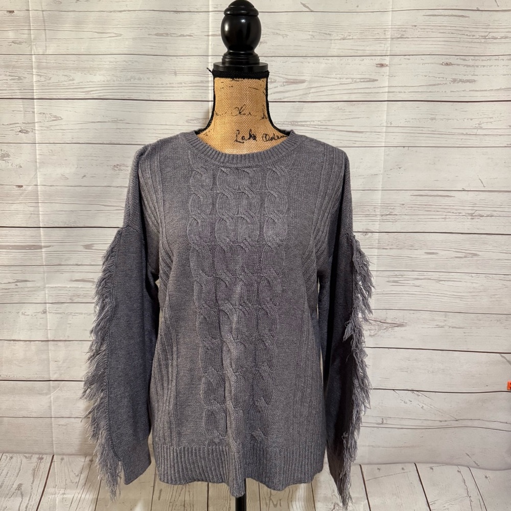 Gray Cable Knit Sweater with Fringe Sleeves